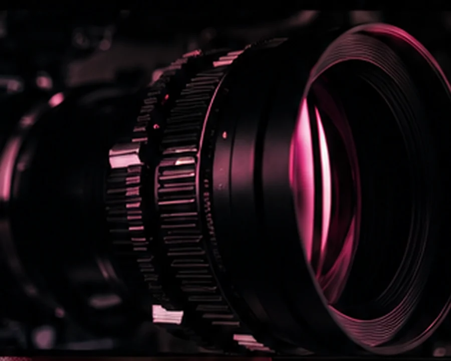 Close-up of a camera lens in a dark studio