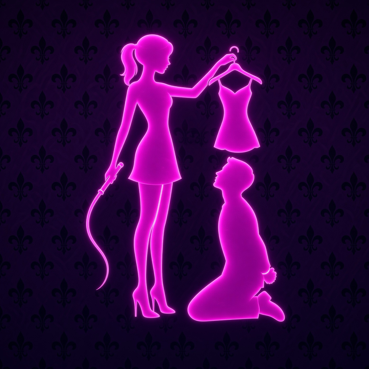 Magenta silhouettes on a dark fleur-de-lis background